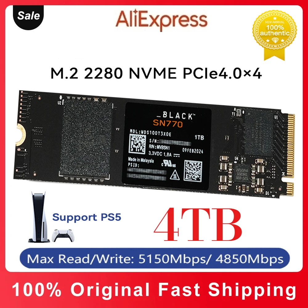 BLACK SN770 NVMe SSD 2TB 1TB 500GB Internal Gaming Solid State Drive Gen4 PCIe M.2 2280 For PC PS5