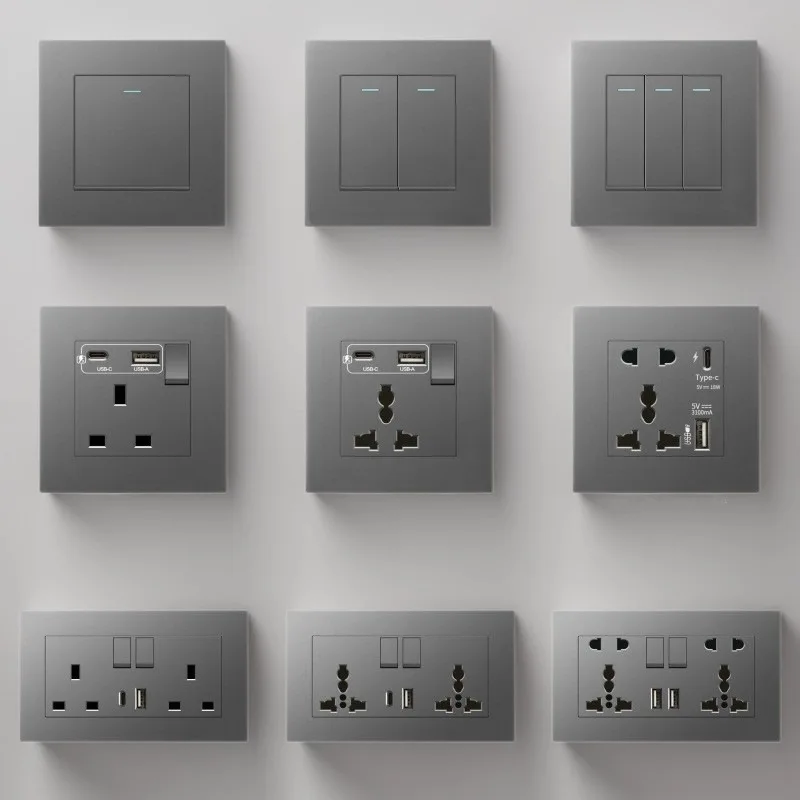 13A British Socket with USB Fast Charging Type-c British Standard Hong Kong and Macao Version Square Foot Three-hole Gray Panel