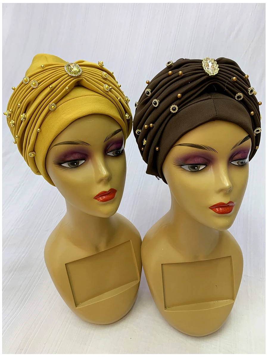 6/12 Pieces Fashion Muslim Female Turban Hat Bonnet Gold Velvet Hot Rhinestone Solid Indian Beanie Hair Bonnets Cap For Women