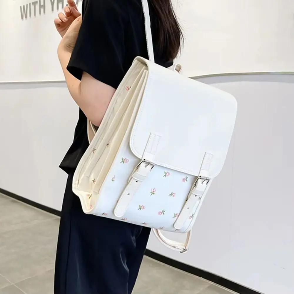 Borsa a mano Zaino con patta alla moda Borsa da scuola con flip in pelle PU estetica di grande capacità Zaino da scuola versatile con fiori quadrati