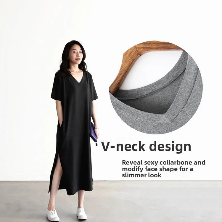 Summer New Sle Modal Split Long Dr Slim Fit Large Size Loose A-Line Dr ort Sve ket Bla V-Ne Dr