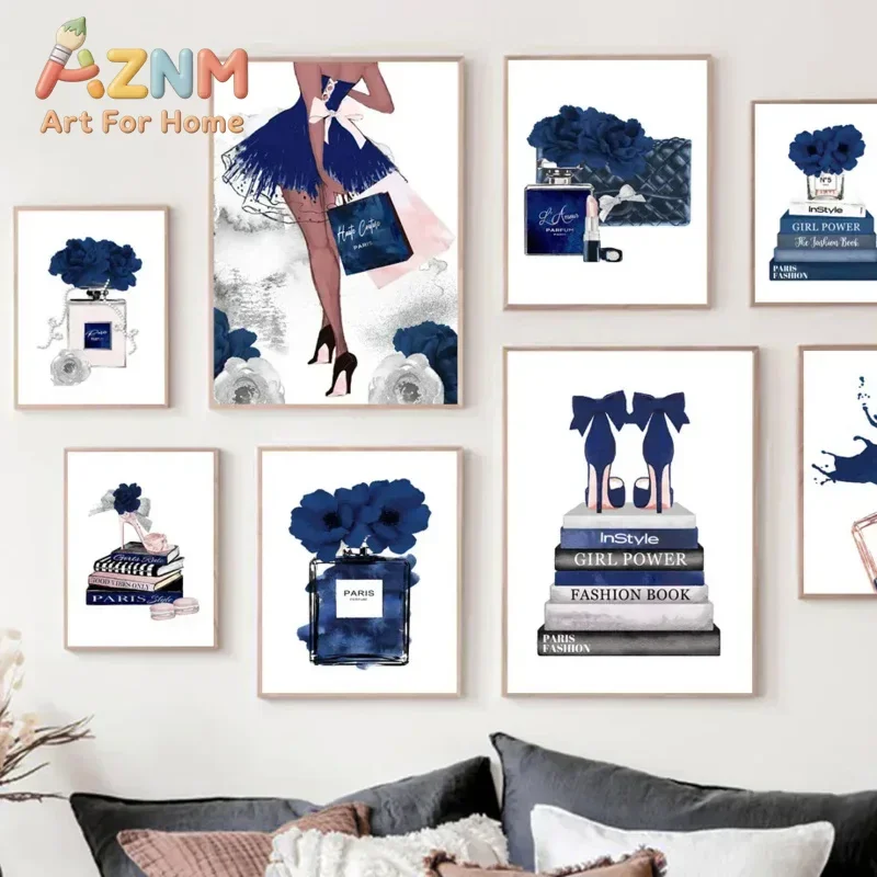1pc frameless Nordic Simple Ink Aesthetic Fashion Lipstick Perfume Blue Rose HD  On Canvas Posters And Prints Home Bedroom Decor