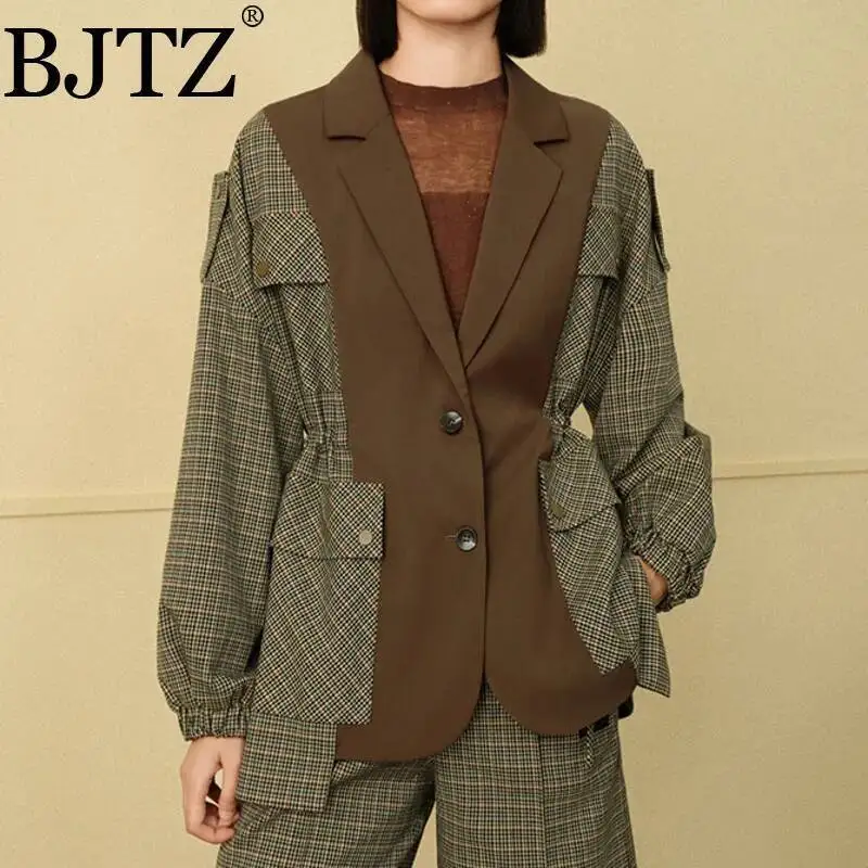 

BJTZ Women’s Vintage Plaid Wool Short Blazer Drawstring Waist Patchwork Coat Jacket Autumn Winter Fashion Outerwear