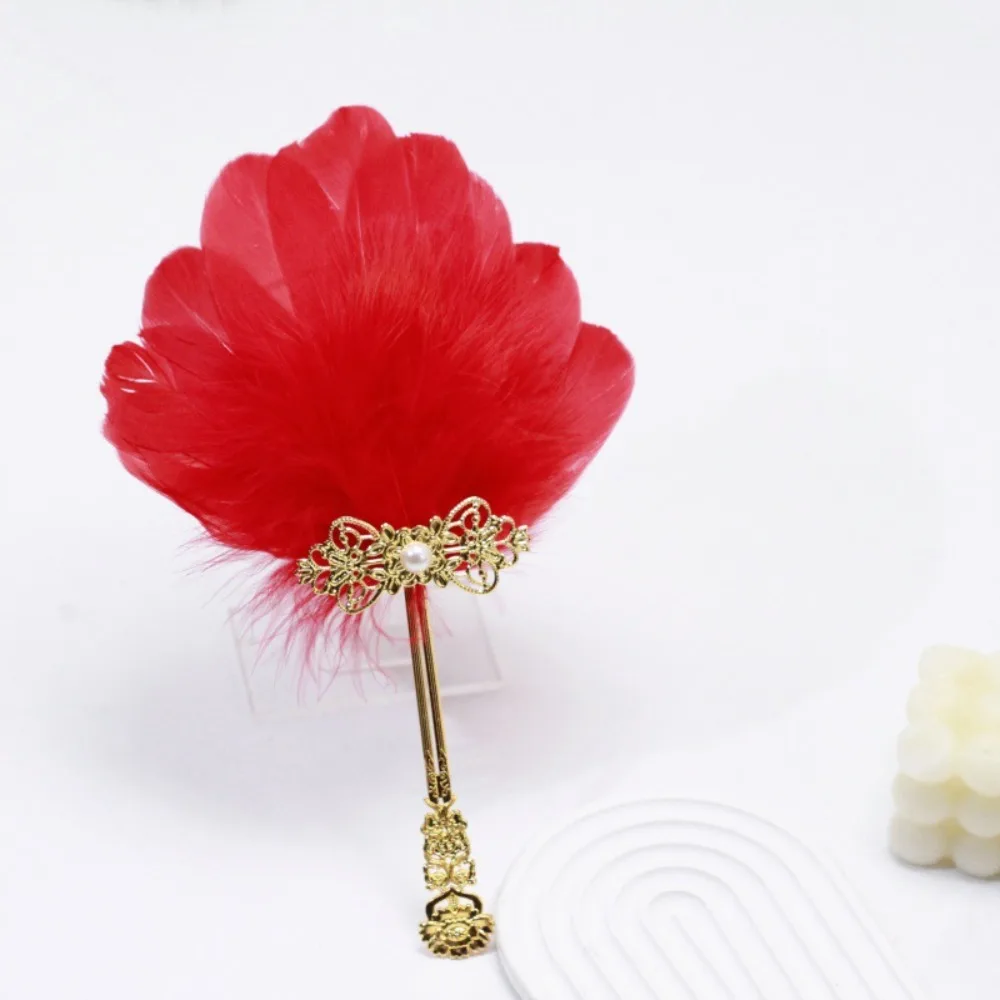 Gold Handle Feather Hand Fan Vintage Ornate Colorful Fluffy Feather Fan Chinese Style Faux Pearl Chinese Style Fan
