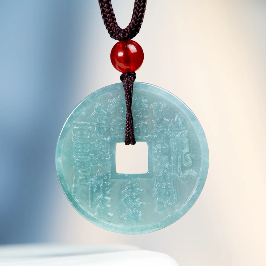 

TIMESWIND Natural A-type Jade Blue Coins Engraved Pendant Wealth Women Necklace with Certificate