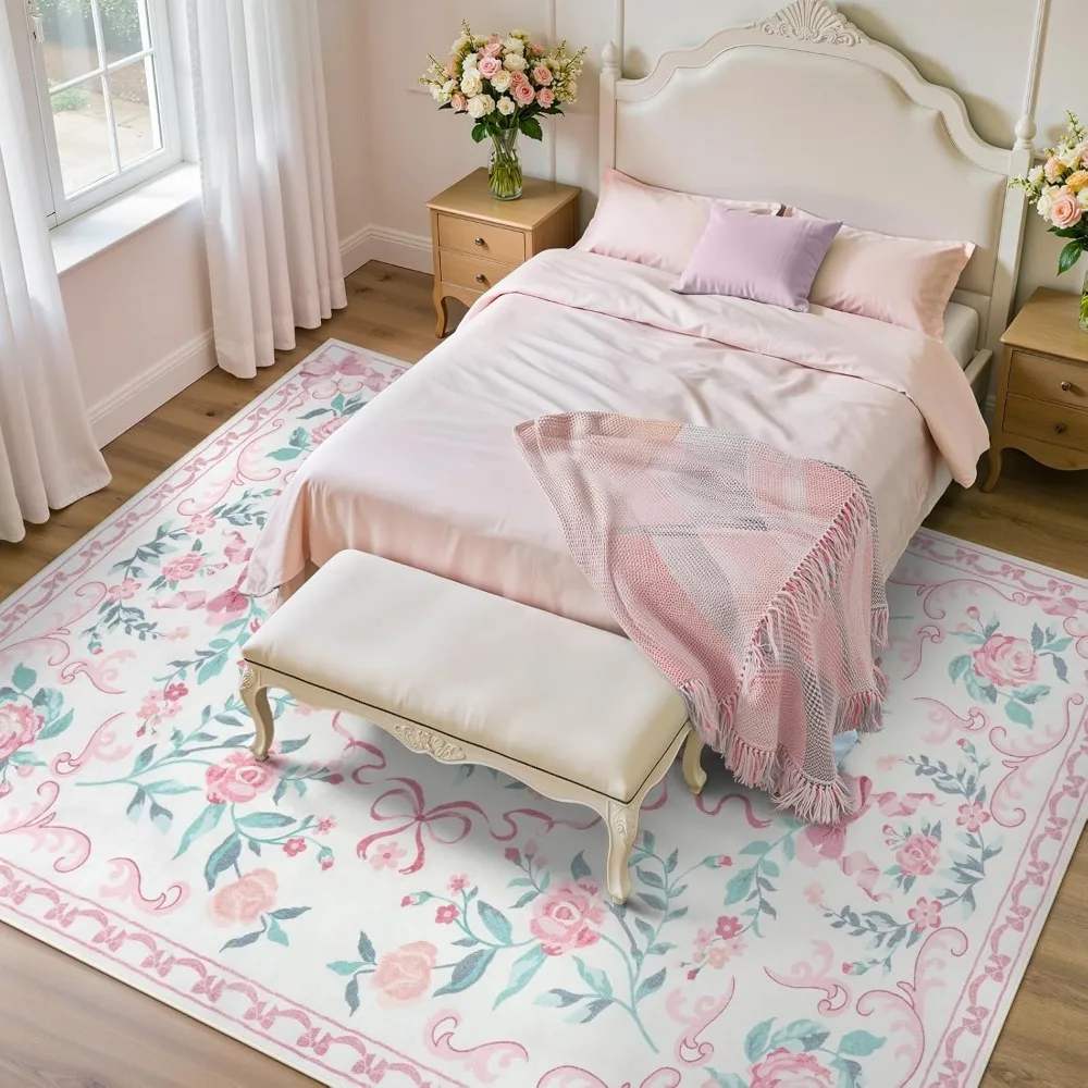 Floral 8x10 Area Rugs for Living Room, Washable Non-Slip Bohemian Style Soft Decor Carpet