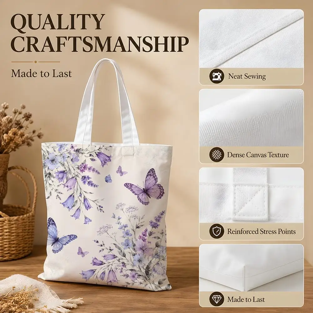Elegant Purple Butterfly Floral Storage Bags Canvas Tote Bag Women Large Capacity Reusable Shopping Shoulder Bag Daily Handbag