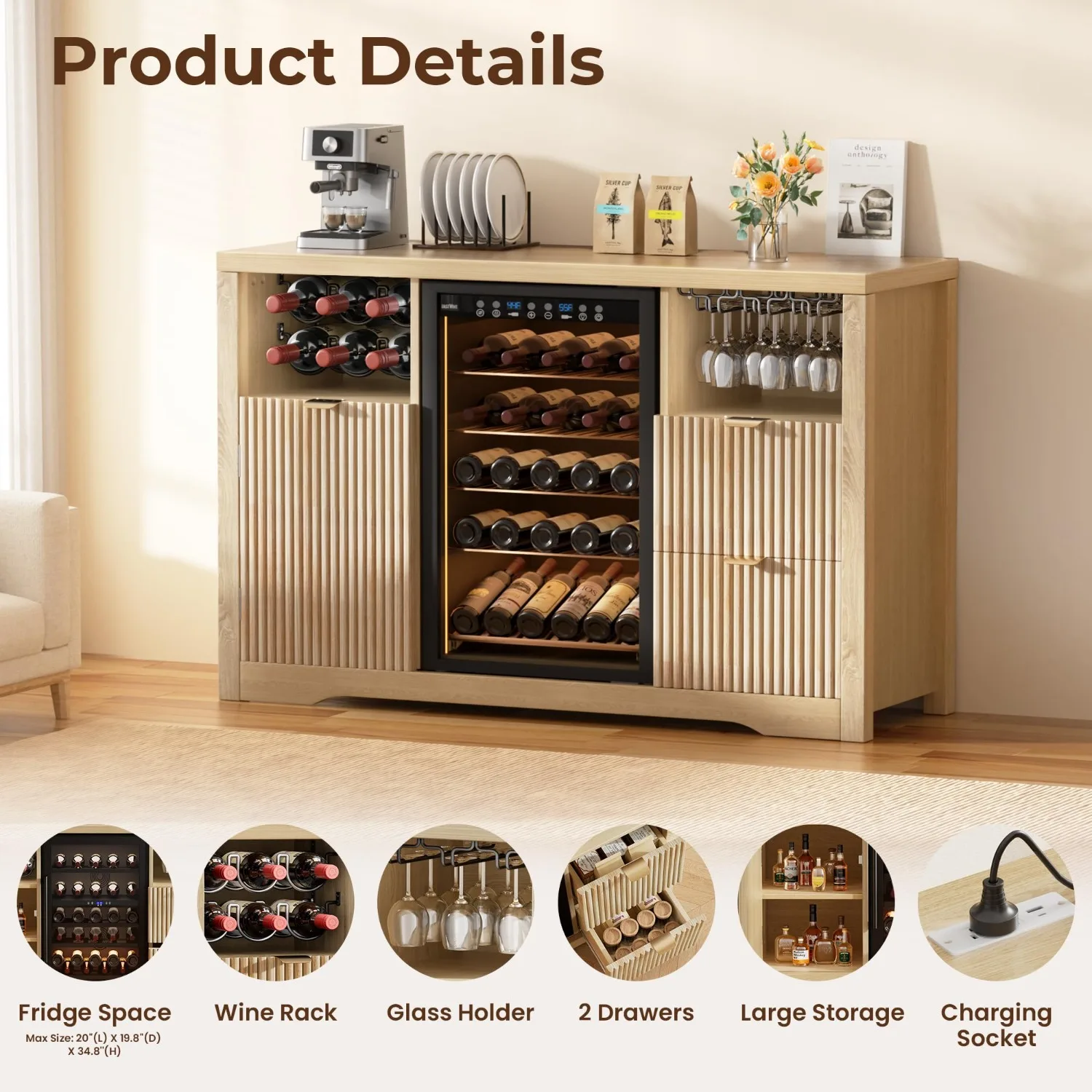 Coffee Bar Cabinet with Mini Fridge Space, 53"Wine Cabinets with Storage view 3