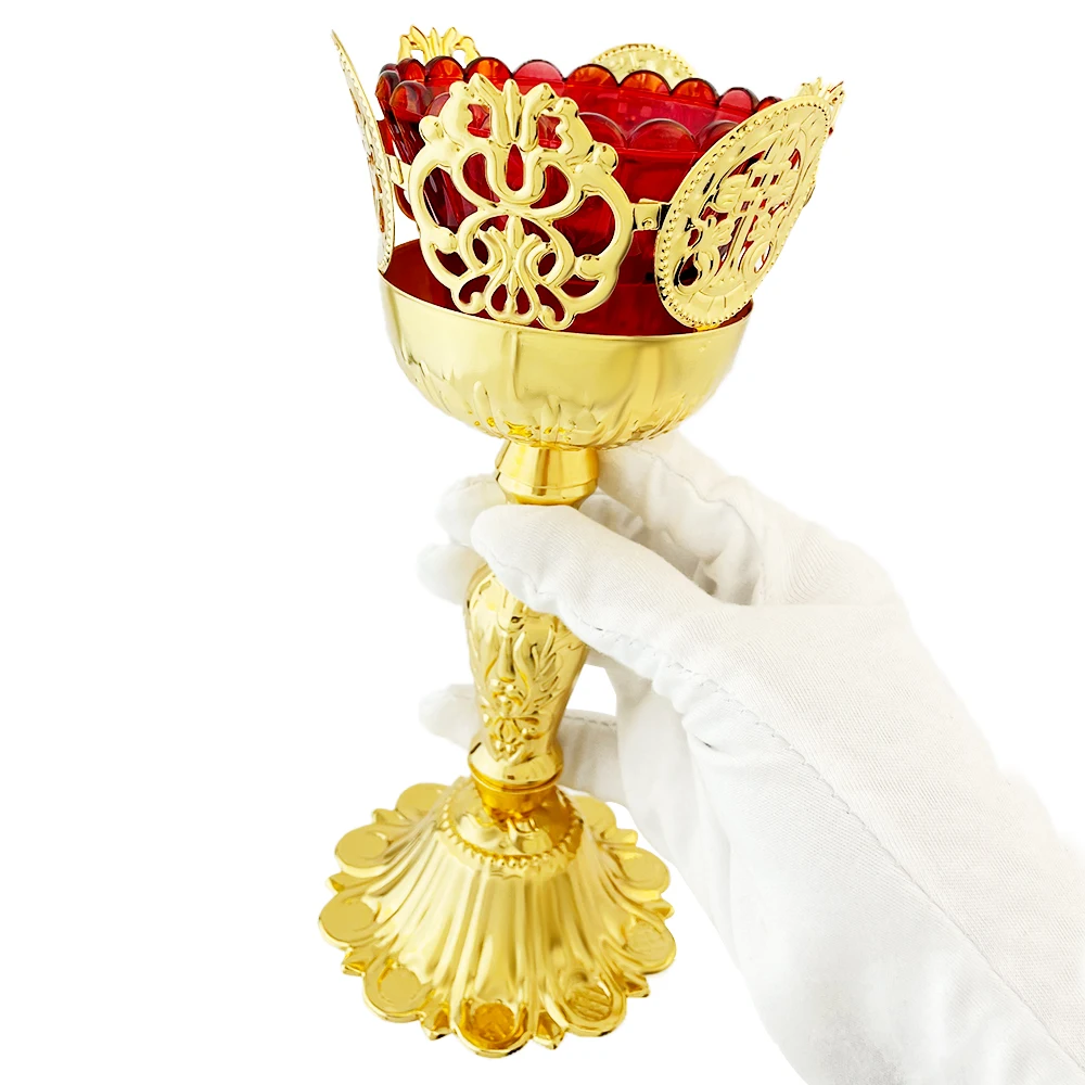 Exquisite Hollow Lace Top Orthodox Vigil Light Gilded Metal Cut Cross Red Wave Glass Home Icon Altar Religious Sacred Ornament S