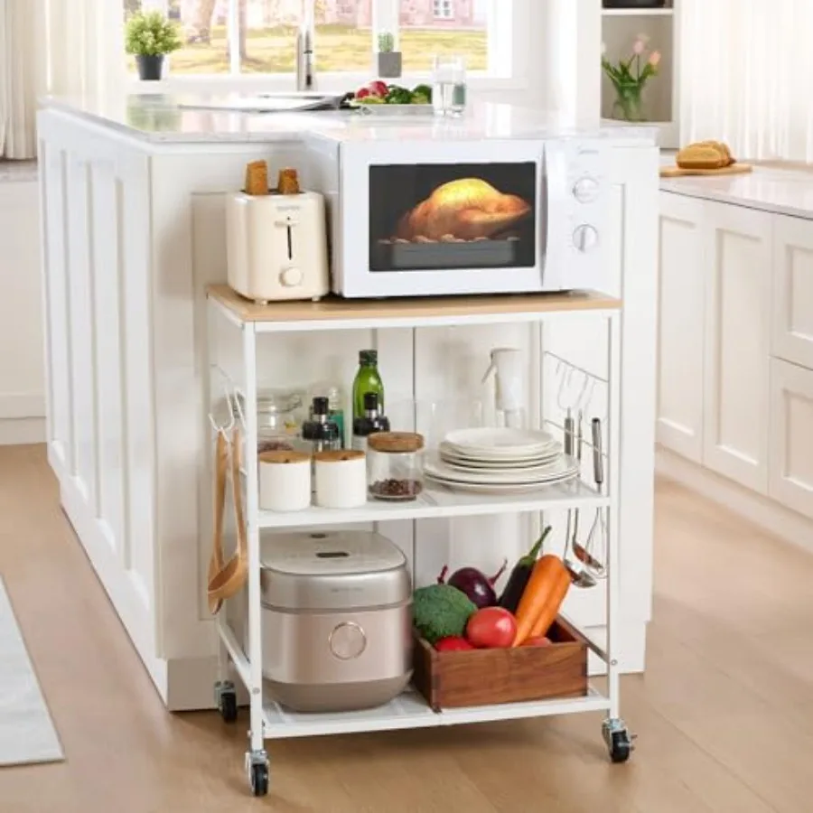 

Rolling Kitchen Microwave Cart, 3 Tier Microwave Stand with Storage, Small Kitchen Island on Wheels, Wood and Mental Kitchen Sh