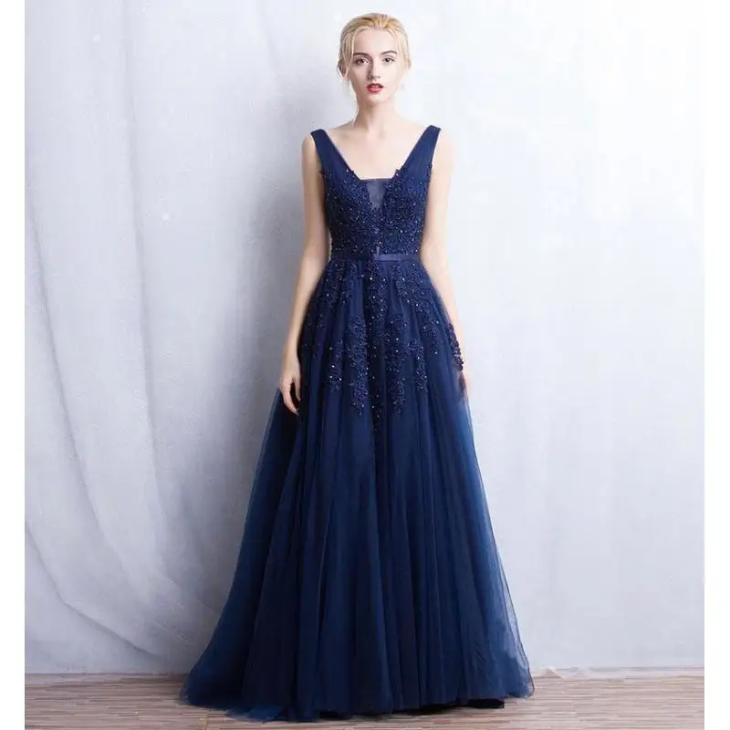 Geburtstagsgeschenk auf Lager, elegantes Tüll-Abschlussballkleid, Applikationen, Perlen, Abendkleid, V-Ausschnitt, Brautjungfernkleid, Vestidos De Fiesta