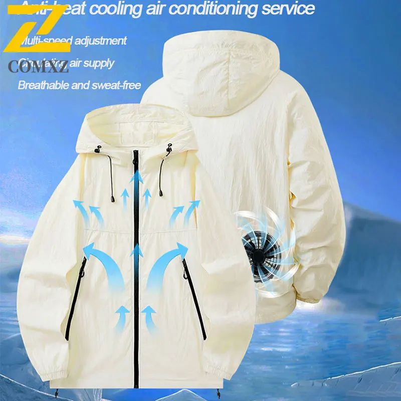 

Summer Cooling Fan Jacket Air Conditioning Ice Vest Sunscreen Hoodie Men Women Outdoor Windbreaker Lightweight UV Protection