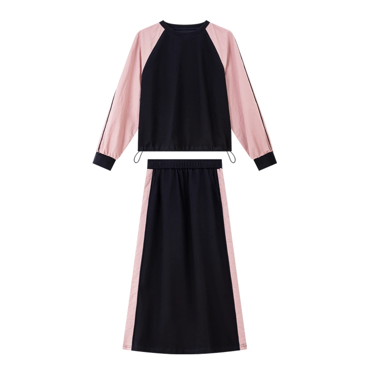 VIMLY Women’s Navy Blue Skirt Set 2026 Spring New Round Neck Raglan Sleeve Top Color Block Midi Skirt Two Piece Set Female A5035 image 6