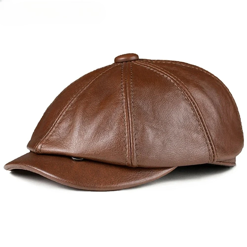 

Коричневая кепка-газетчица для мужчин, осенне-зимняя, новая, из натуральной кожи, винтажная, восьмиугольная, из коровьей кожи, мужской берет
