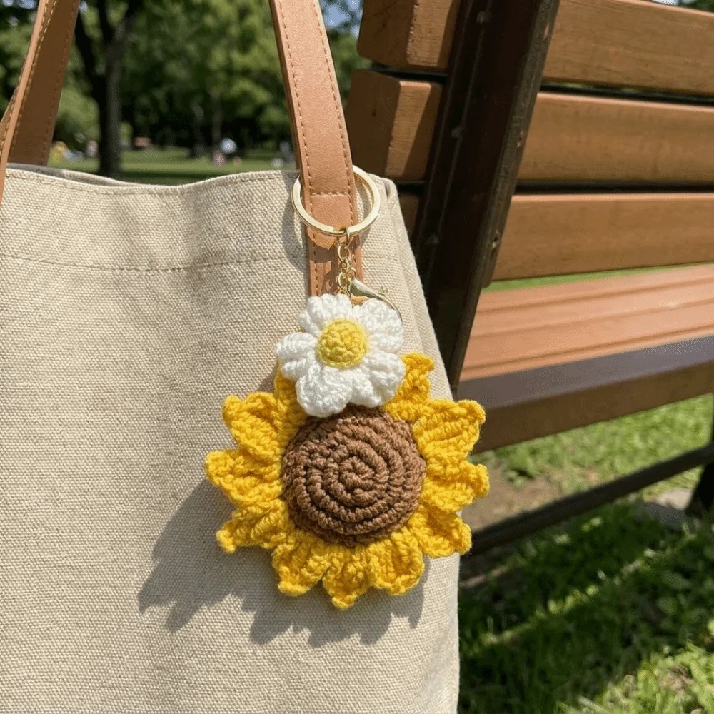 Creative Fabric Crochet Sunflower Pendant With Rope Cotton Knitted Keychain Lobster Clasp Lightweight Bag Lanyard Charm Daily