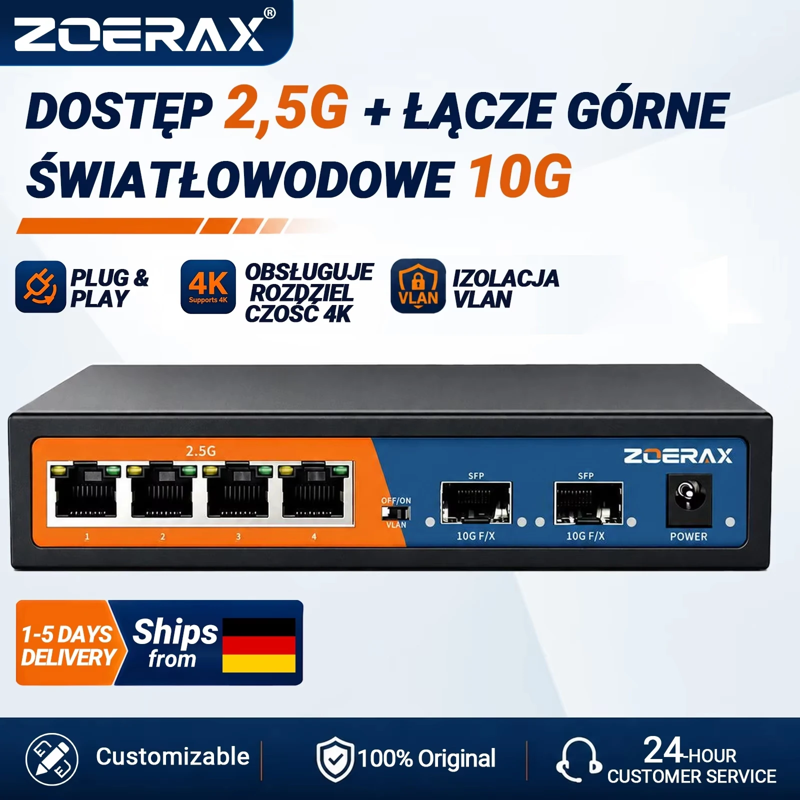 ZoeRax 6-portowy przełącznik sieciowy Multi-Gigabit Ethernet z 4 portami 2.5Gb RJ45 i 2 portami 10G SFP+, niezarządzalny, z ochroną przed wyładowaniami atmosferycznymi 4KV, VLAN jednym przyciskiem.