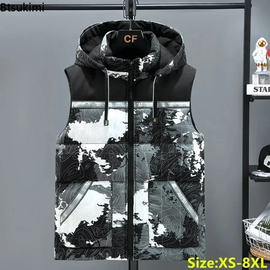 

Мужские камуфляжные утепленные жилеты с капюшоном размера плюс 8XL, зимний теплый пуховый хлопковый жилет без рукавов, куртка, мужской уличный повседневный жилет