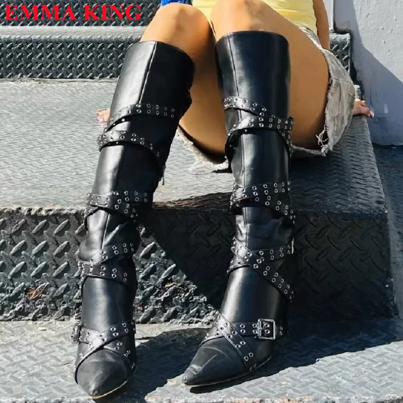 

Black Pointed Toe Cross-tied Motorcycle Boots Women Fashion Rivet Stud Knee High Boots High Heels Sexy Ladies Party Shoes 2023