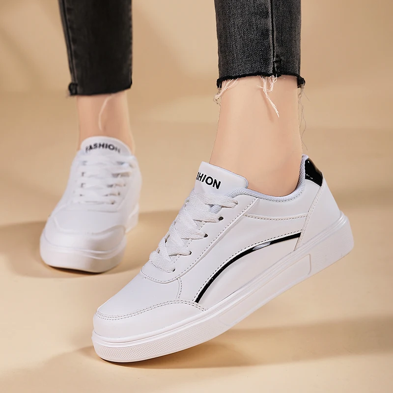 Women White Shoes Flat Female White Board Casual Shoes Lace Up PU Leather Walking Sneakers Thick Sole Outdoor Luxury Fashion image 5