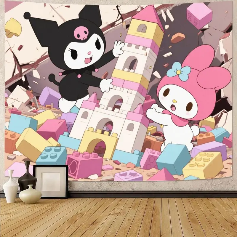 

1 шт. Sanrio Kuromi My Melody Kawaii гобелен, милый строительный блок, замок, настенное искусство, эстетический полиэстер, декор комнаты, подарок для девочек