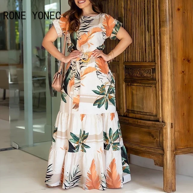 Women Tropical Print Short Sleeve Maxi Dress Casual Dress Vacation Dress  2021 - Dresses - AliExpress