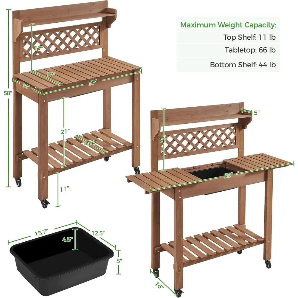 Outdoor Potting Bench with Sink, Garden Table, Lower Shel,Brown | Sliding tabletop, removable sink and roomy shel make potting,