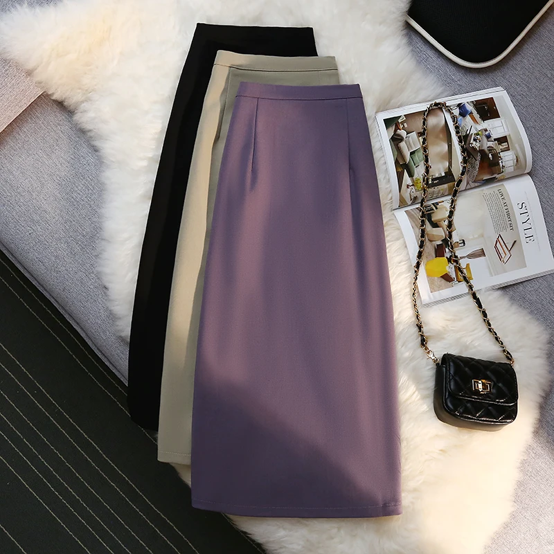 

Solid Suits Skirts Women 2024 High Waisted Slim Korean Knee Length Skirts Office Ladies Casual Skirt Liner
