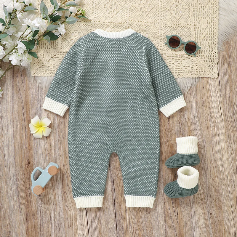 Baby Romper Shoes Long Sleeve Autumn Newborn Boy Girl Jumpsuit Set Knitted Infant Kid Clothing Boots Fashion 0-18M Overalls 2PCS