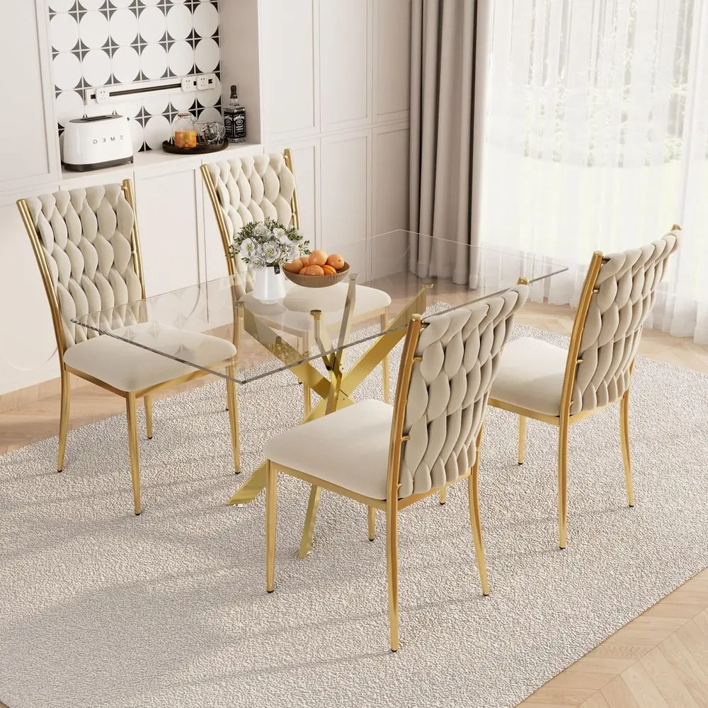 Glass Dining Table Set for 4, Modern Rectangular Dining Room Table with Gold Metal Legs amp 4 Upholstered Velvet Dining Chairs,