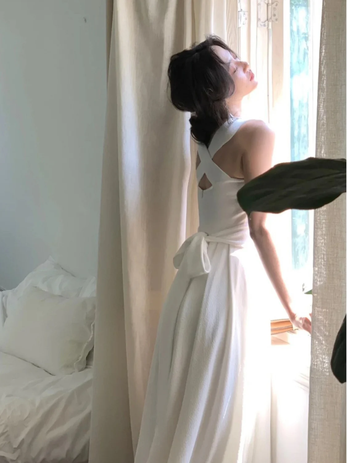 Robe blanche d'été pour femmes, nouvelle jupe trapèze douce, croisée, nouée, taille haute, longue, dr coréen, pour les déplacements, douce, moyenne et élastique