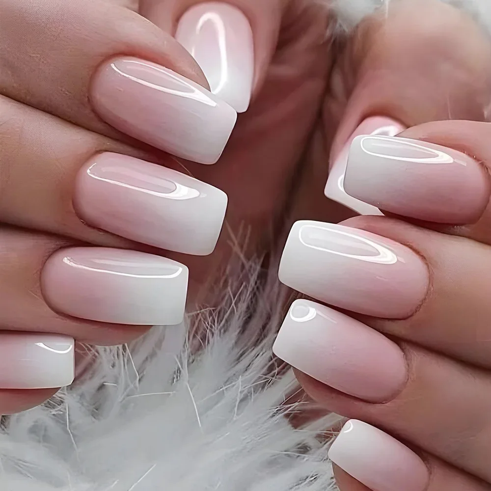 24Pcs Short Square Head Shape Nail Fake Simple White Gradient Press on False Nails Fashion Ballet Full Cover Finger Nail Tips view 2