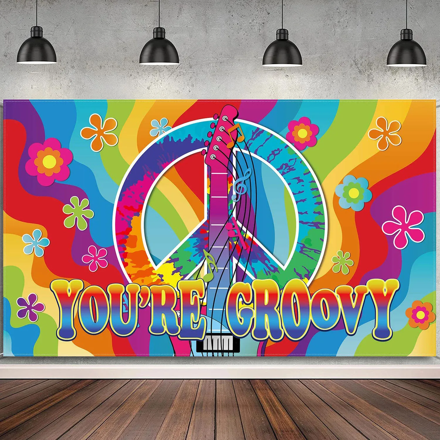 Hippie Groovy Theme Music Festival Woodstock 60's 70's Party Decoration Poster Banner Tie Dye Background Peace Love 1950s 1960s