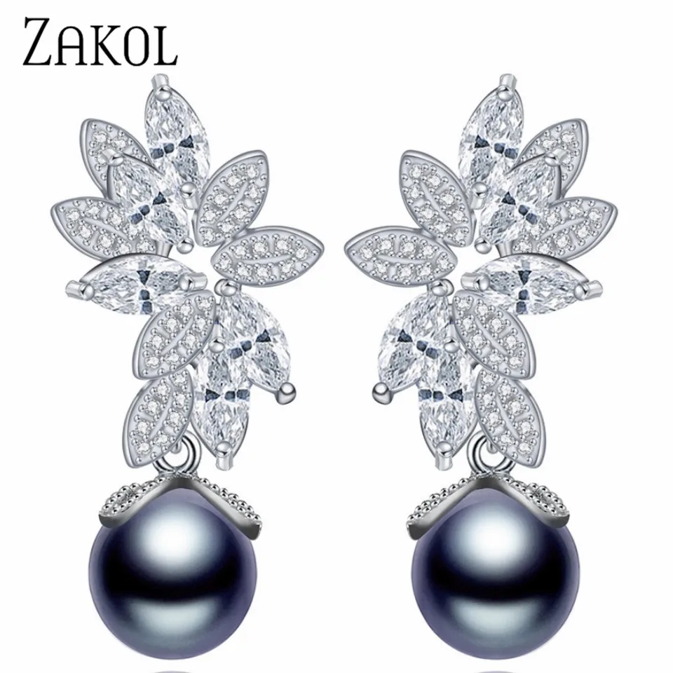 

ZAKOL Black Imitation Pearl Dangle Earrings For Women Leaf Charms Earrings Shiny CZ Luxury Bride Wedding Jewelry