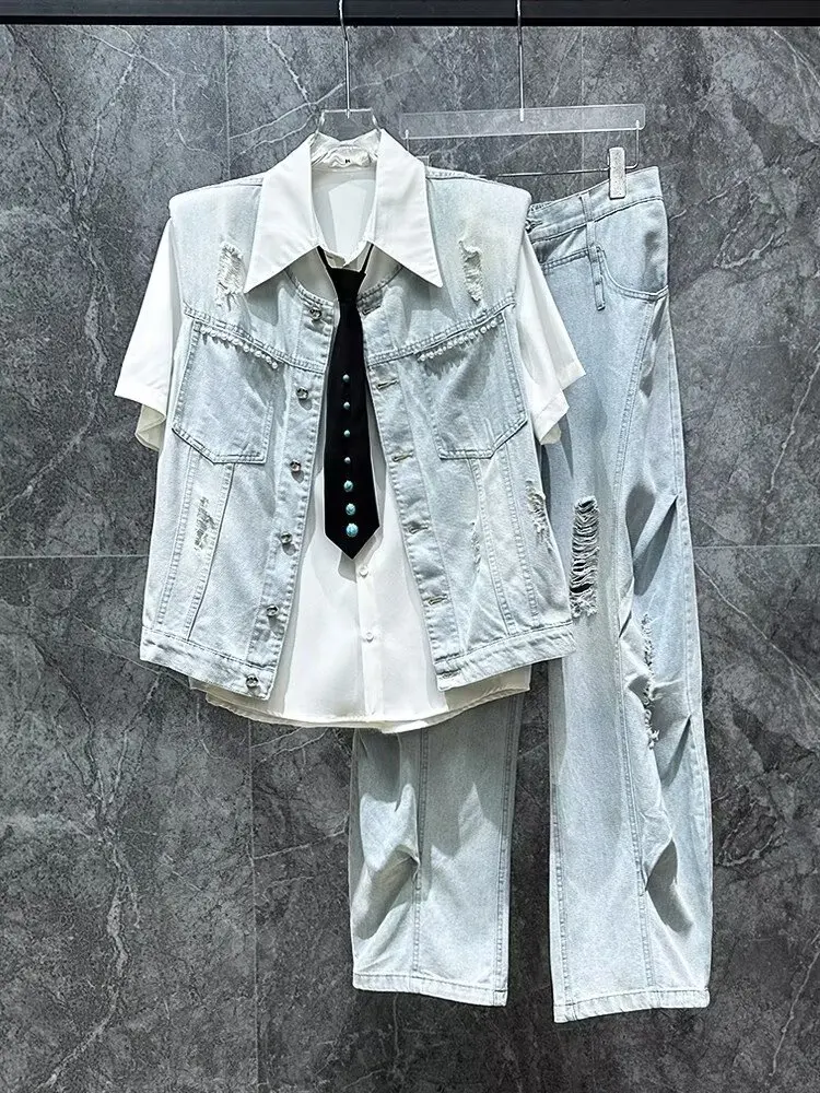 

Retro American Waed Denim Vest And Loose Wide Leg Pants Set for Men Spring Autumn Straight Cut Trousers Floor Length