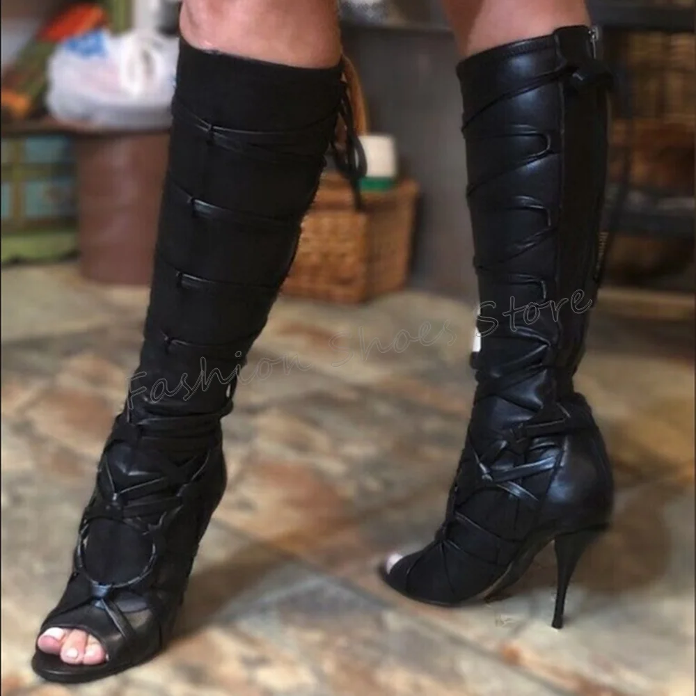 

Black Back Zipper Cross Strap Boots Peep Toe Matte Leather Women Shoes Thin High Heels Party Banquet Dating 2025 Zapatos Para Mu