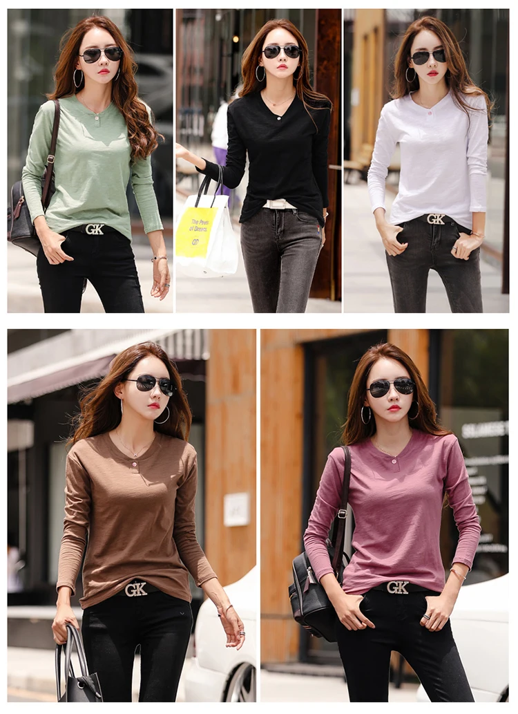 2026 Langarm Frühling Damen Slub-Baumwoll-T-Shirts mit Knöpfen, grüner V-Ausschnitt, einfarbiges T-Shirt, kaffeefarben, koreanische weiche, lockere Oberteile – Detail 3
