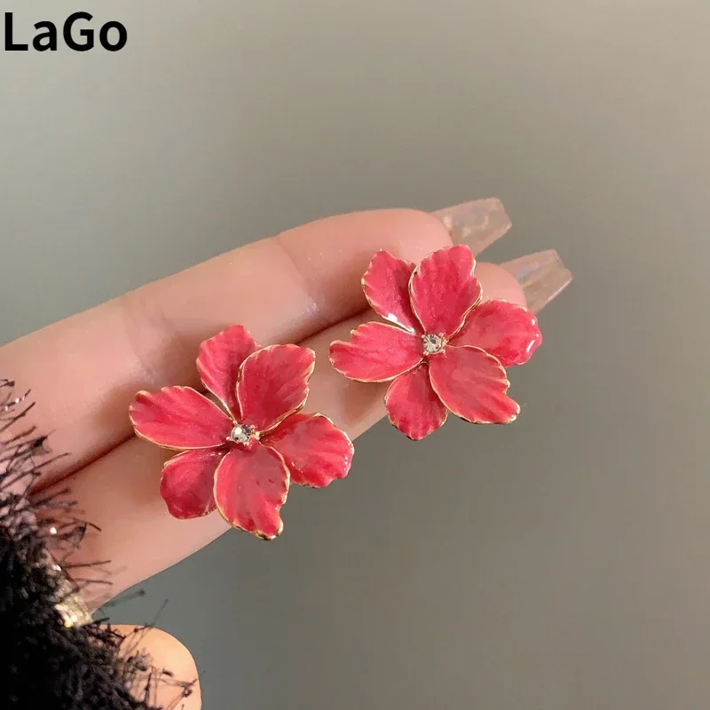 Modern Jewelry 925 Silver Needle Red Flower Earrings Spring Summer Style Popular Design Big Stud Earrings For Women Girl Gift