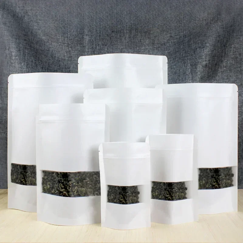 

100pcs 0.28mm White Matte Transparent Window Kraft Paper Bag Thick Stand Up Sealing Food Storage Packaging Bag Zip Lock Pouck