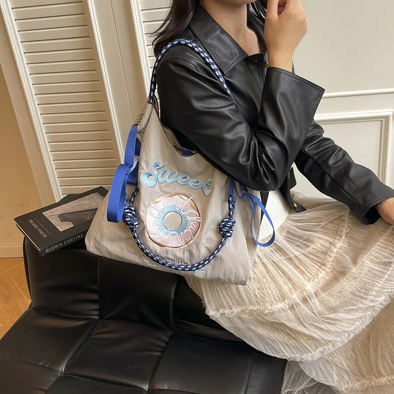 

Donut Embroidery Nylon Eco Shopping Bag Japanese Style Women Casual Tote Bag Armpit Single Shoulder Handbag