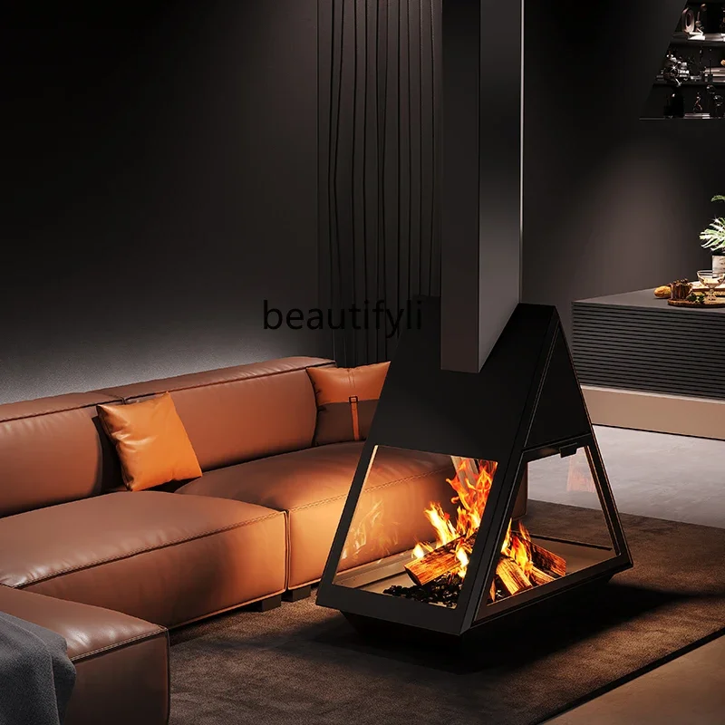 High-end custom triangular art fireplace, hanging real fire special-shaped fireplace burning wood household heater