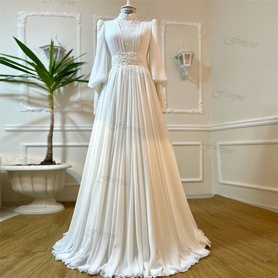 

Funyue France Lace Muslim Wedding Dresses for Women Beaded A-Line Chiffon Dubai Bridal Dress Full Sleeves Vestidos De Novia 2025
