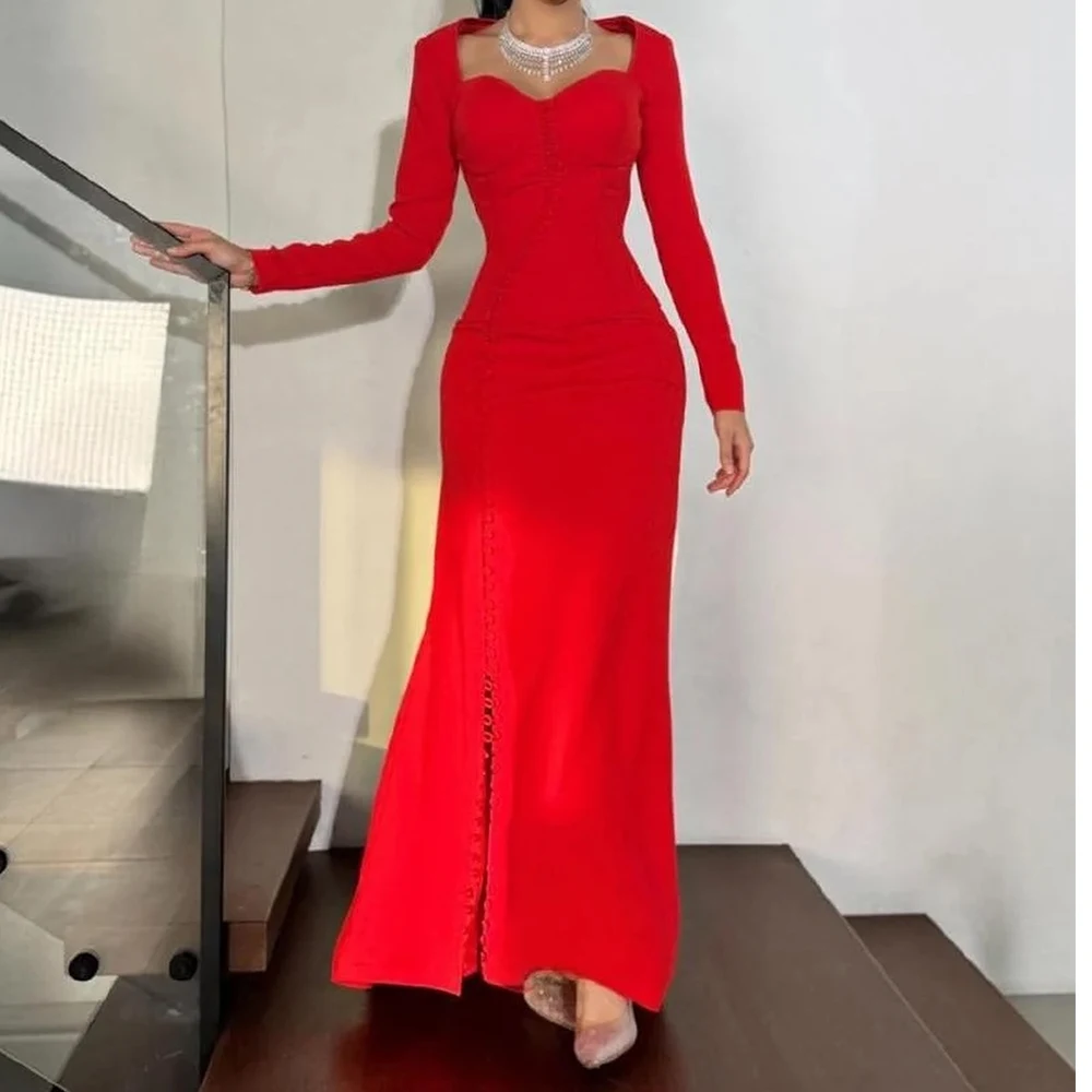 

Temperament Pleats Front Slit Sweetheart Evening Dresses Graceful A-Line Satin Long Sleeves Red Party Gowns vestidos de fiesta