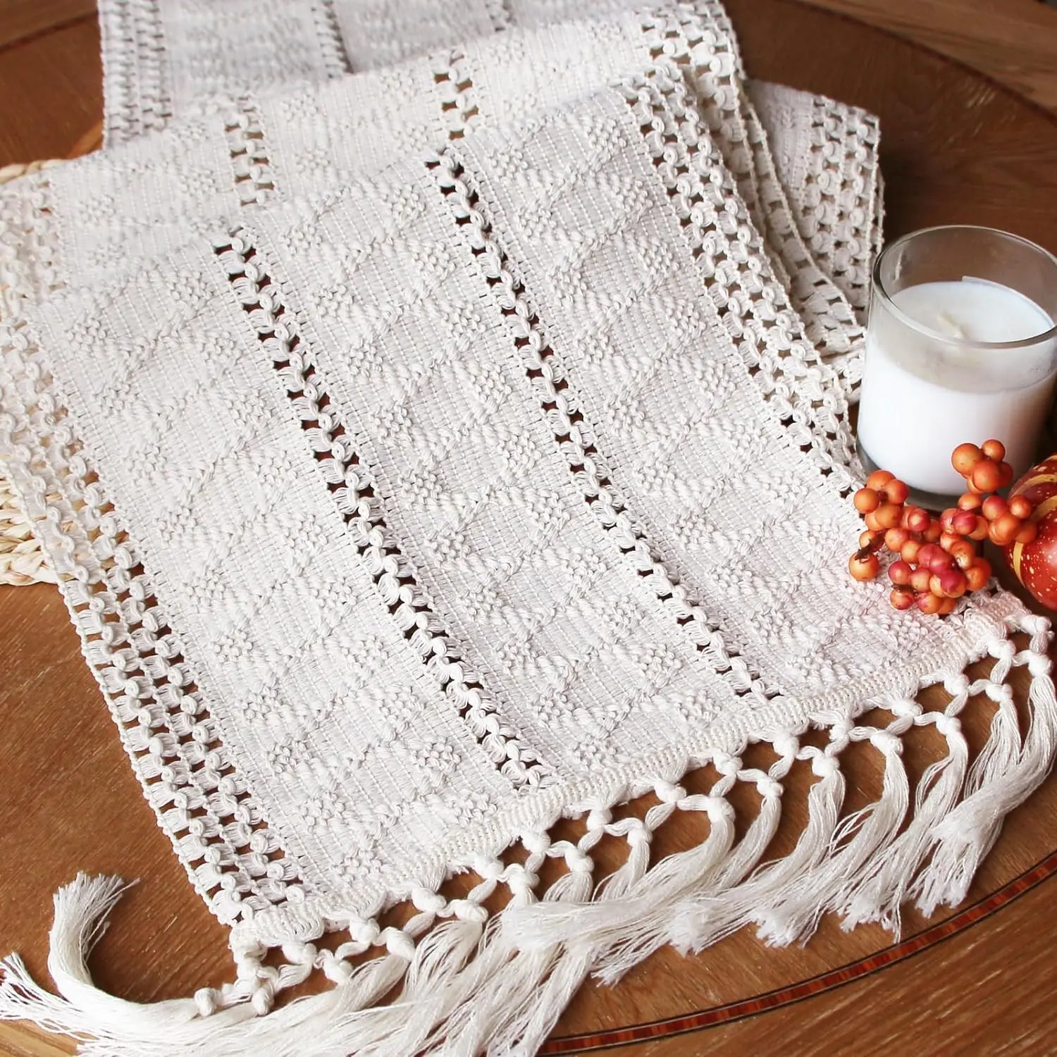 

Beige Boho Table Runner with Tassels Hand Woven Table Runner Rustic Farmhouse Table Runner for Kitchen Dining Table Home Decor