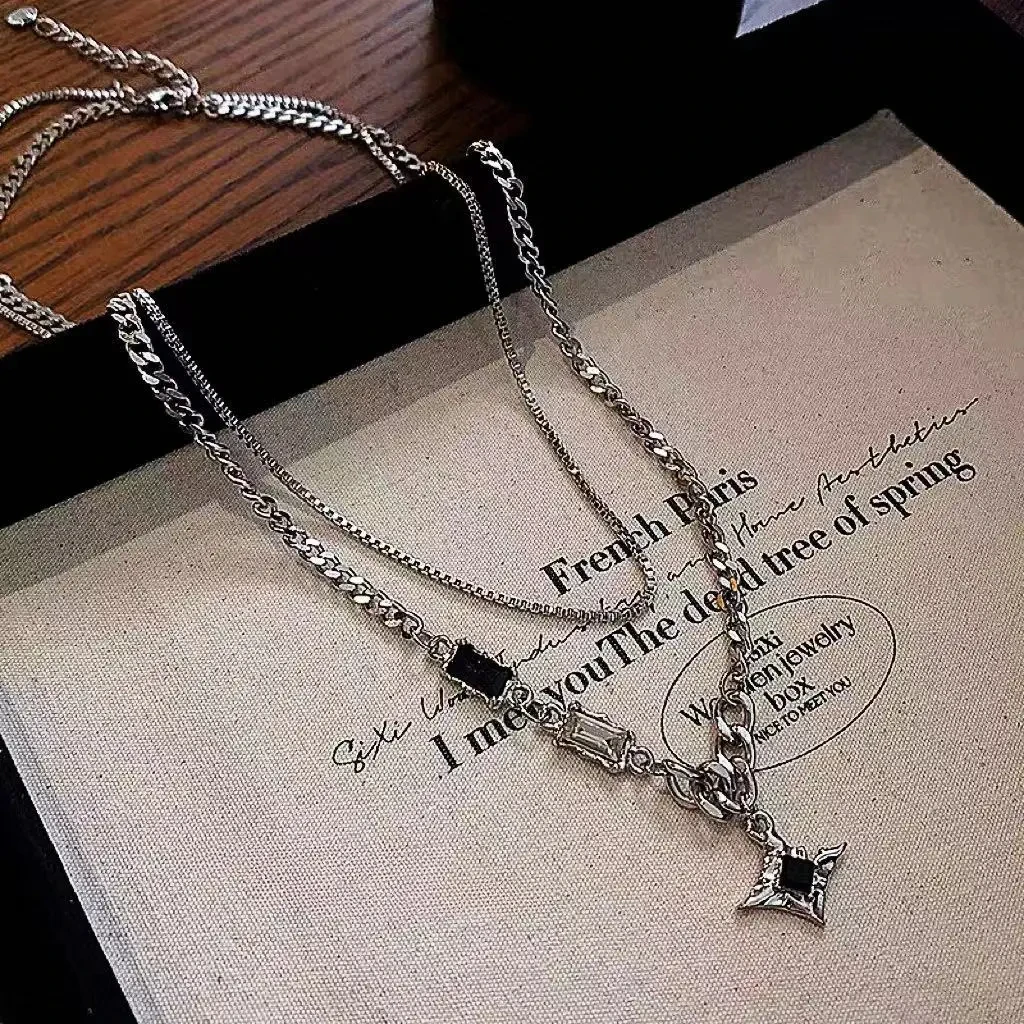 Trend Starlight Pendant Necklace For Women Double Layered Titanium Steel Chain Korean Fashion Design Luxury Jewelry Wholesale image 5
