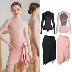 Girls Latin Dance Costume Long Sleeves High Collar Tops Rhinestone Skirt Rumba Ballroom Dance Competition Dress Kids DNV21744