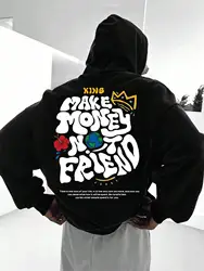 Men's Harajuku Fashion Hooded Sweatshirt MAKE MONEY NOT FRIEND Letter Slogan Print Cartoon Fleece Soft Pullover Sweatshirts