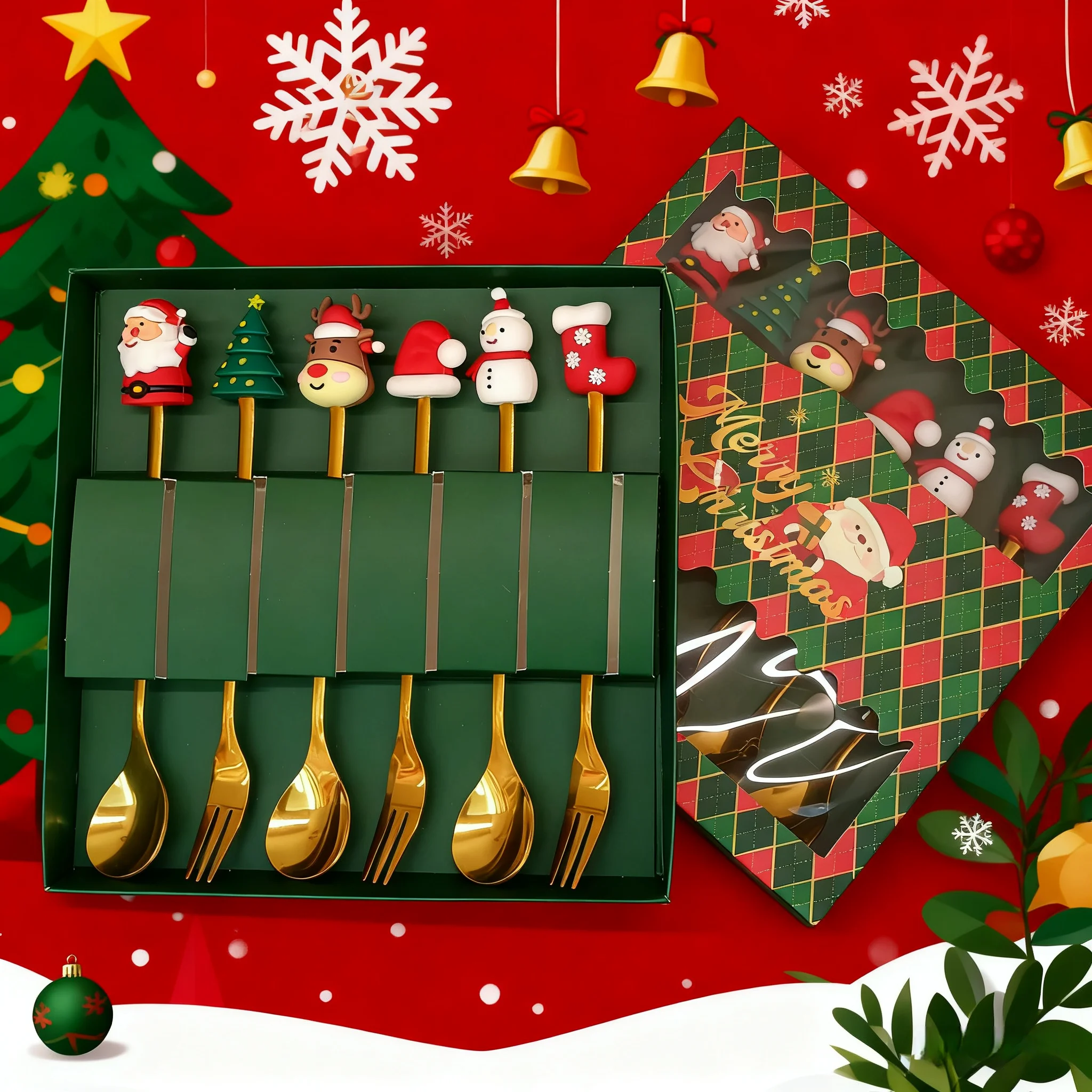 2/6Pcs Christmas Fork And Spoon Set,Stainless Steel Creative Tableware,Coffee Tea Dessert Forks And Spoons Gift Set