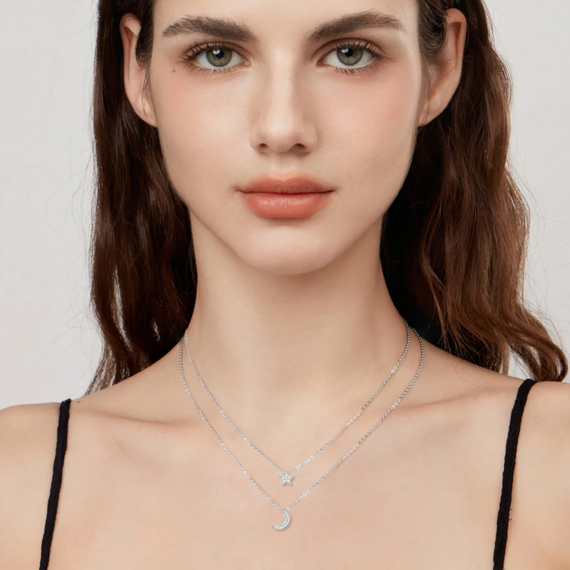 قلادة Sangshi بطبقة مزدوجة على شكل نجمة وقمر للنساء، طراز Ins، فضي عصري كوري و ياباني بسيط S925 Clavic #5