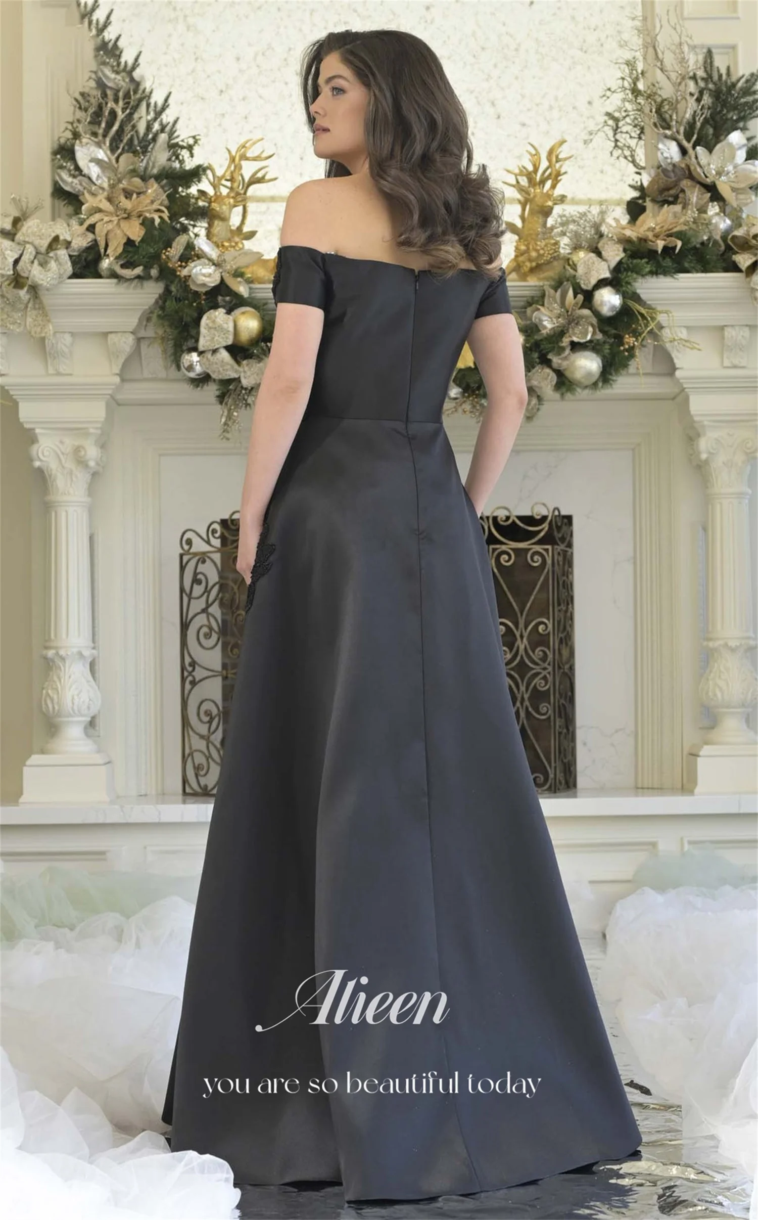 Aileen 3D Bloemen Luxe Avondjurken 2025, Luxe Satijn Vestidos De Festa Aangepaste فسات Musta-2011 Zwarte Vrouwen Avondjurk