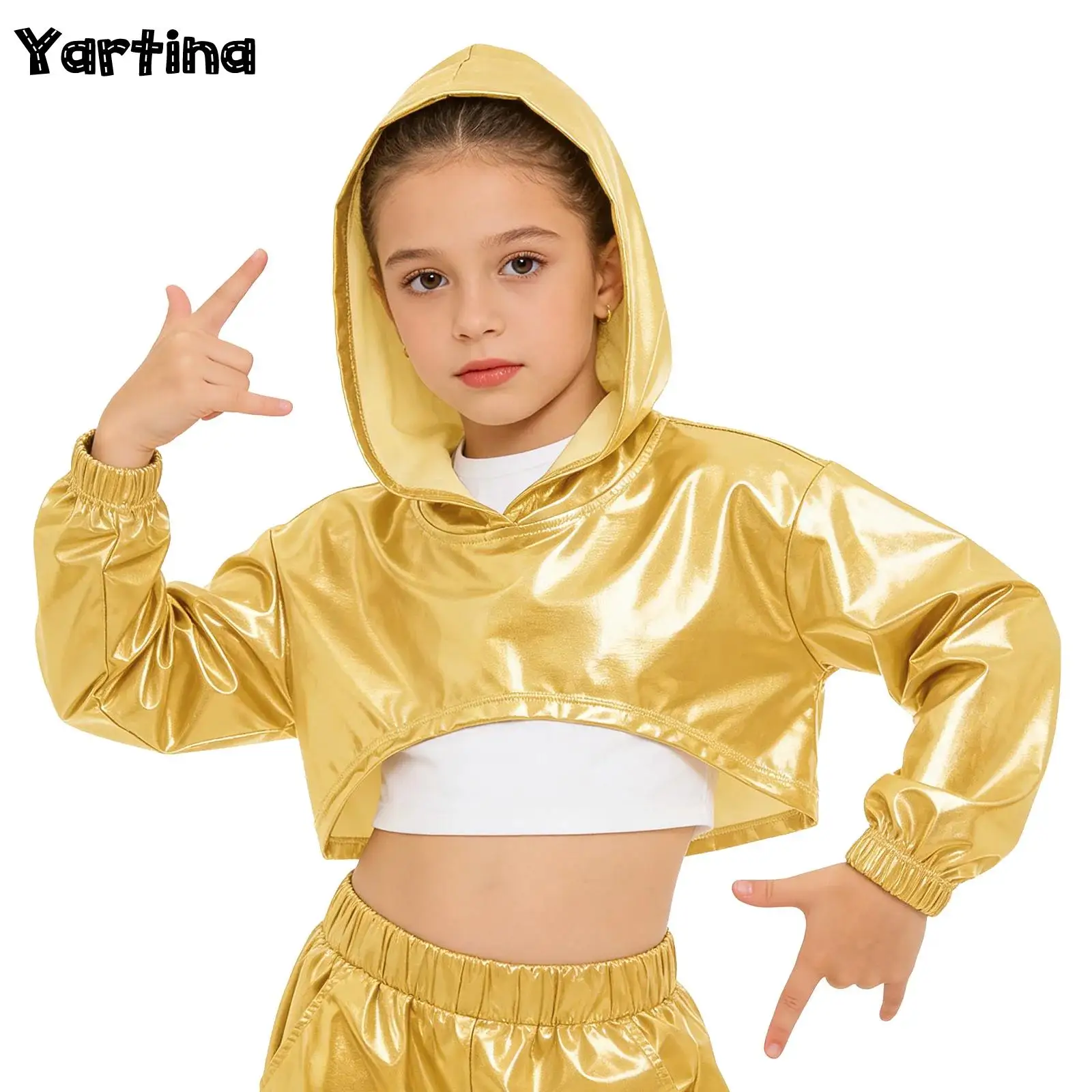 

Детский укороченный топ с капюшоном и длинными рукавами для девочек, костюм для джазовых танцев в стиле хип-хоп, металлическая толстовка с асимметричным подолом